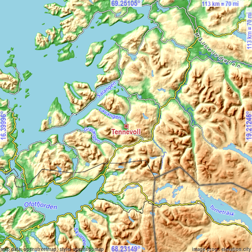Topographic map of Tennevoll