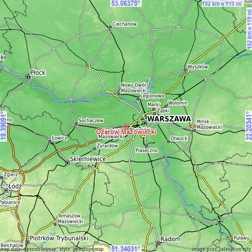 Topographic map of Ożarów Mazowiecki