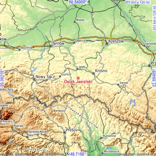 Topographic map of Osiek Jasielski