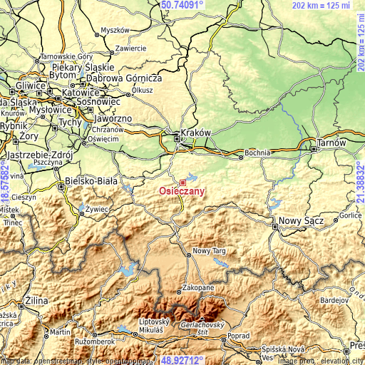 Topographic map of Osieczany