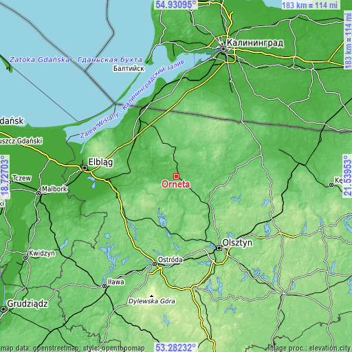 Topographic map of Orneta