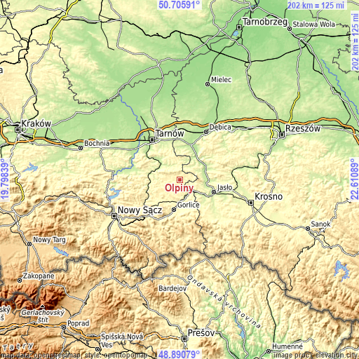 Topographic map of Ołpiny