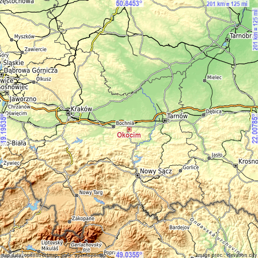 Topographic map of Okocim