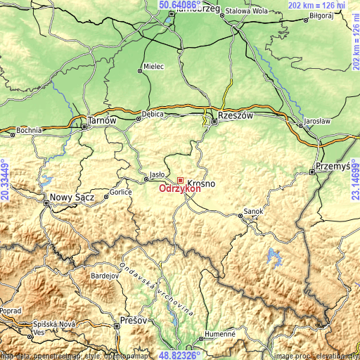 Topographic map of Odrzykoń