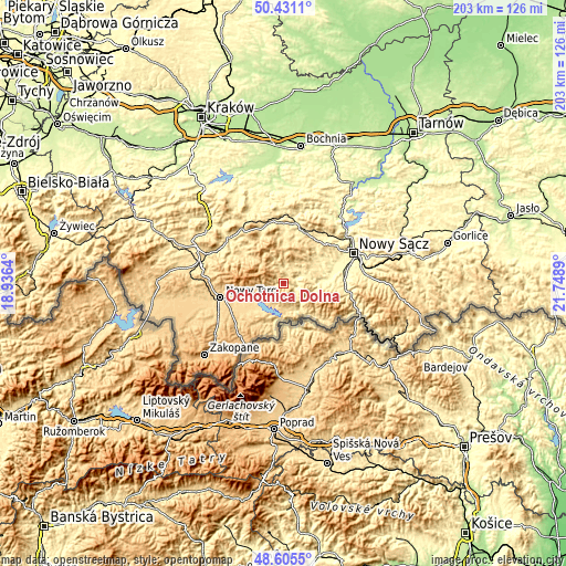 Topographic map of Ochotnica Dolna