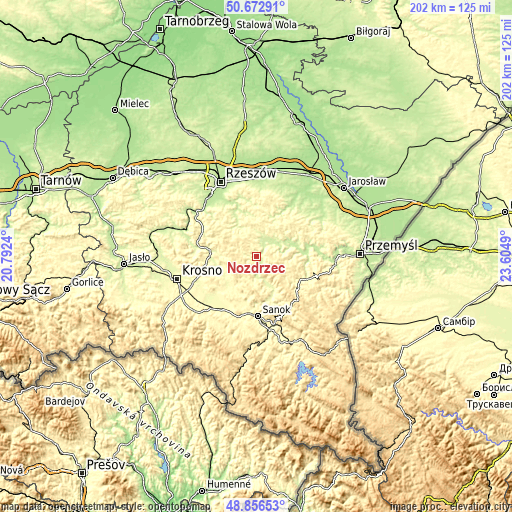 Topographic map of Nozdrzec