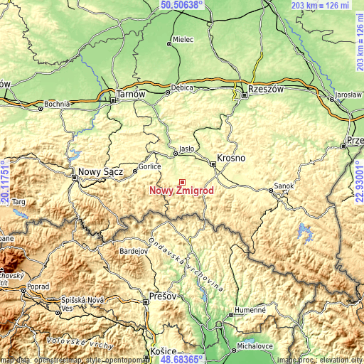 Topographic map of Nowy Żmigród