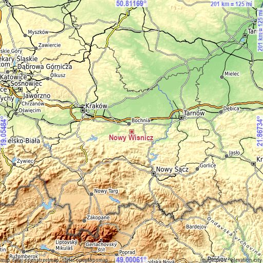 Topographic map of Nowy Wiśnicz