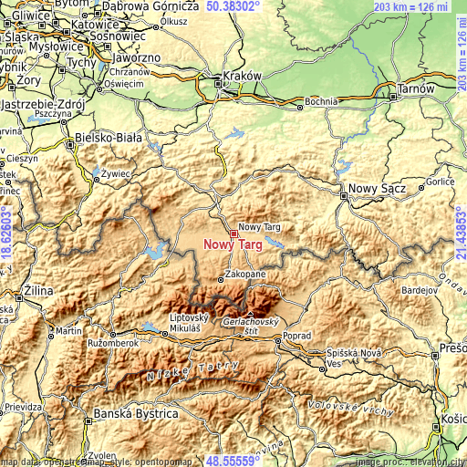Topographic map of Nowy Targ