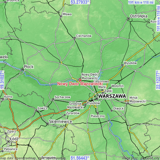 Topographic map of Nowy Dwór Mazowiecki