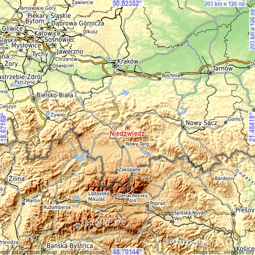 Topographic map of Niedźwiedź