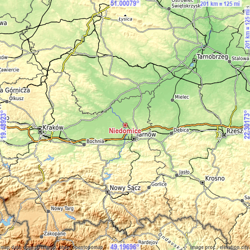 Topographic map of Niedomice