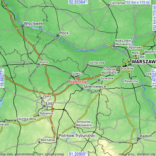 Topographic map of Nieborów