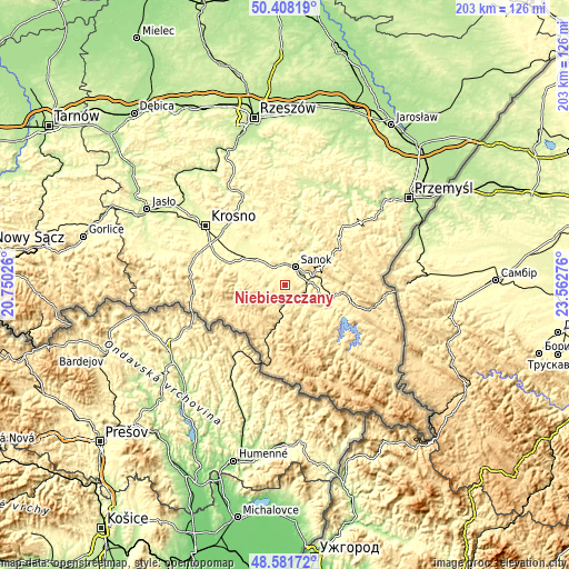 Topographic map of Niebieszczany