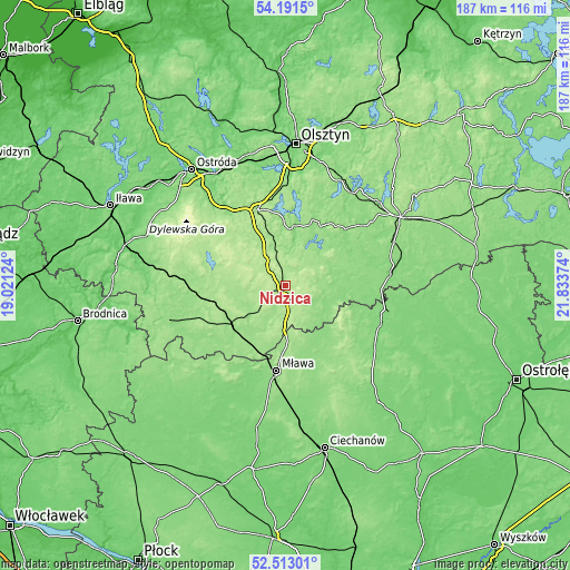 Topographic map of Nidzica