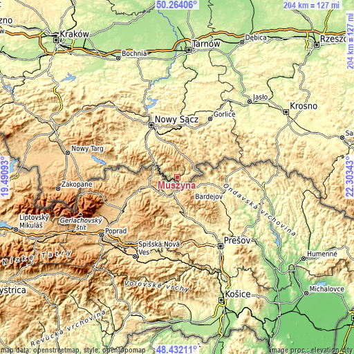 Topographic map of Muszyna