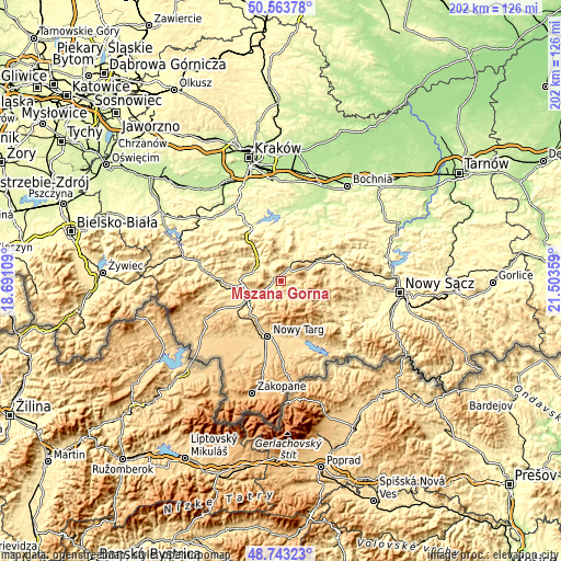 Topographic map of Mszana Górna