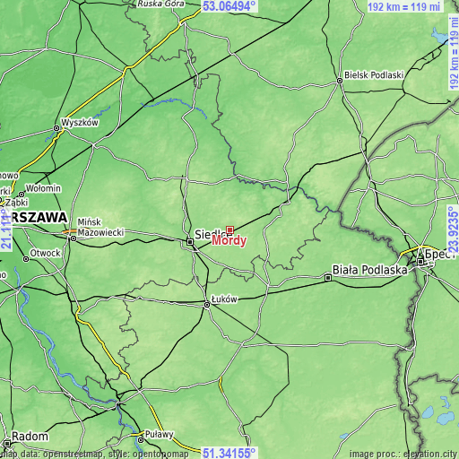 Topographic map of Mordy