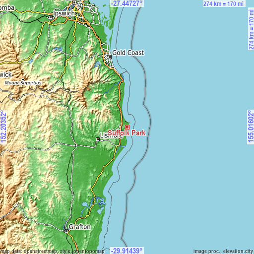 Topographic map of Suffolk Park