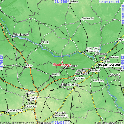 Topographic map of Młodzieszyn