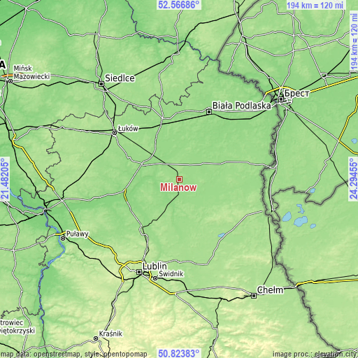 Topographic map of Milanów