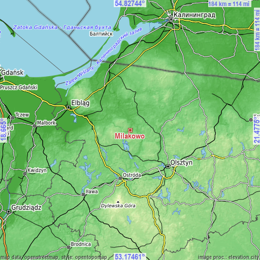 Topographic map of Miłakowo