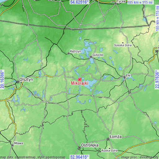 Topographic map of Mikołajki