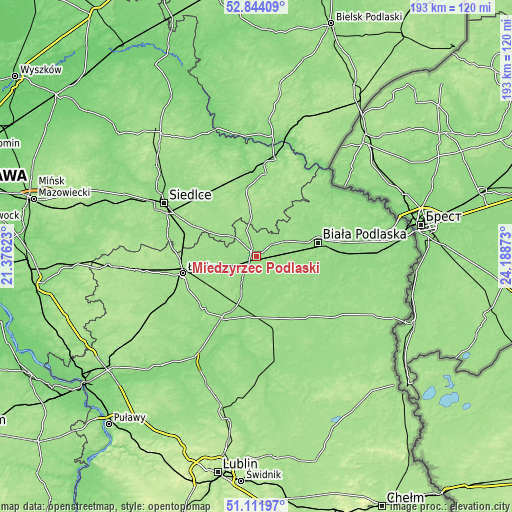 Topographic map of Międzyrzec Podlaski