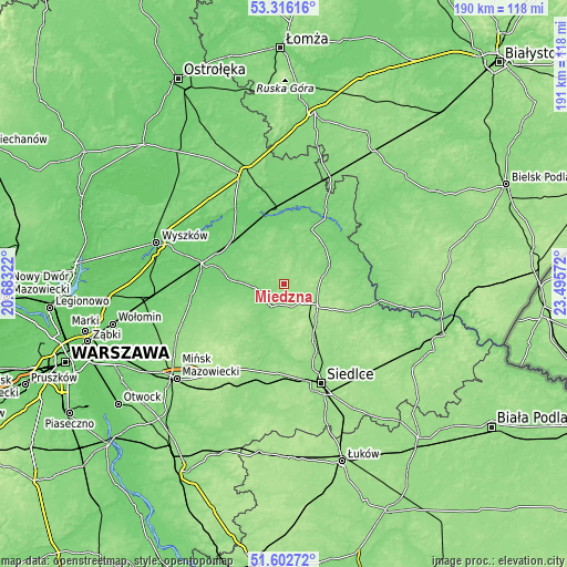 Topographic map of Miedzna