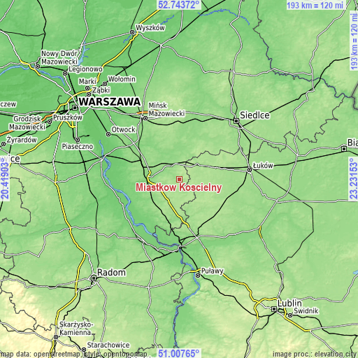 Topographic map of Miastków Kościelny