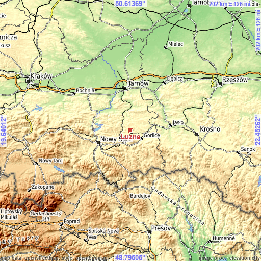 Topographic map of Łużna