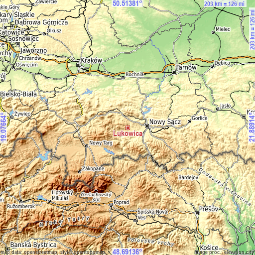 Topographic map of Łukowica