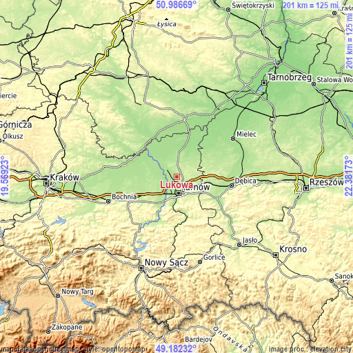 Topographic map of Łukowa