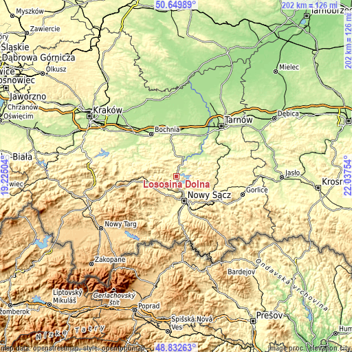 Topographic map of Łososina Dolna