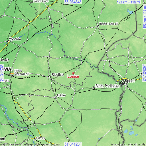 Topographic map of Łosice