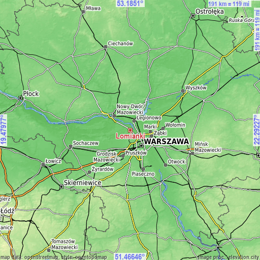 Topographic map of Łomianki