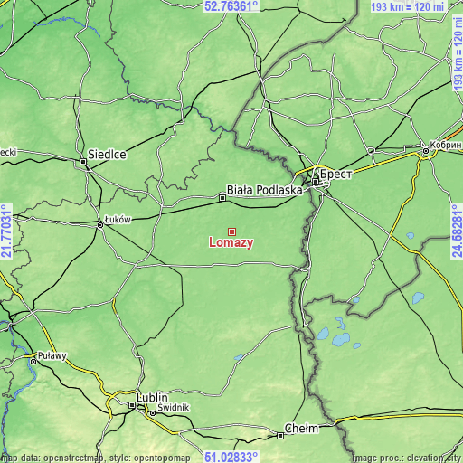 Topographic map of Łomazy