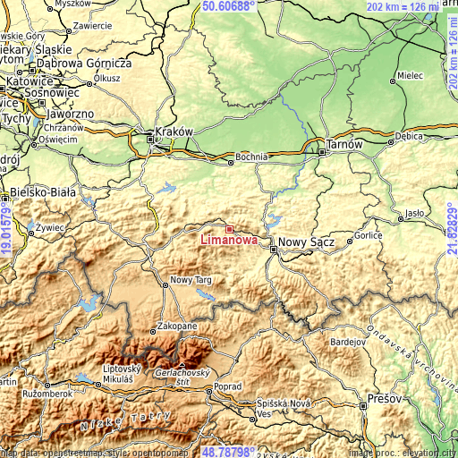 Topographic map of Limanowa