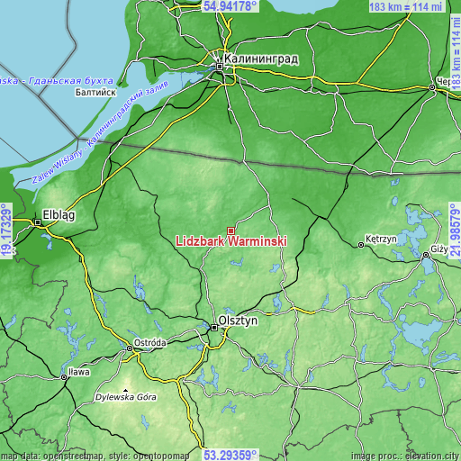 Topographic map of Lidzbark Warmiński