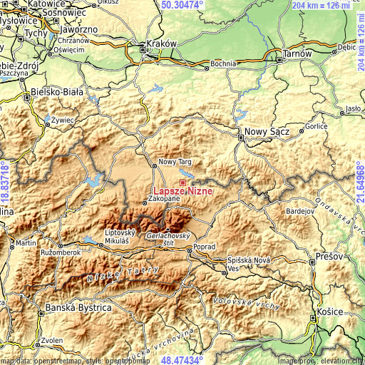 Topographic map of Łapsze Niżne