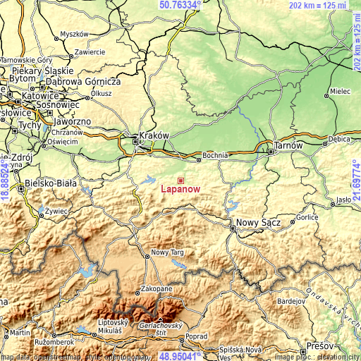 Topographic map of Łapanów