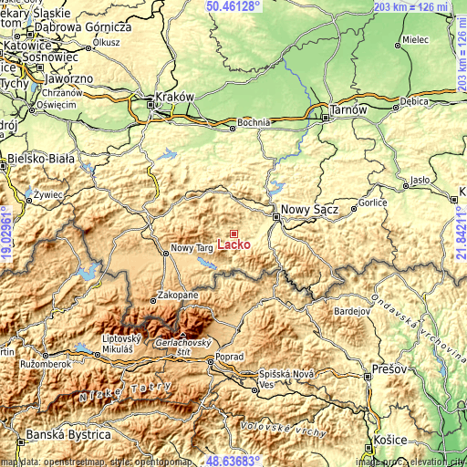 Topographic map of Łącko