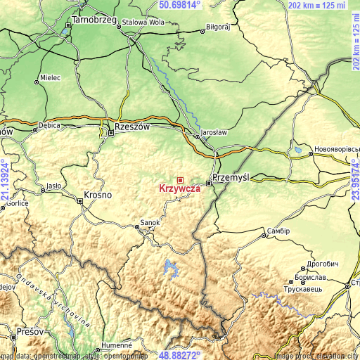 Topographic map of Krzywcza