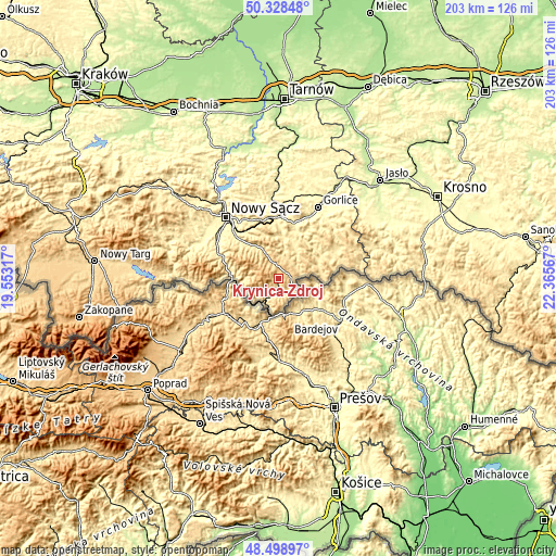 Topographic map of Krynica-Zdrój