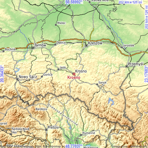 Topographic map of Krosno