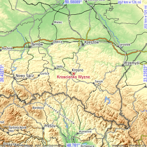 Topographic map of Krościenko Wyżne