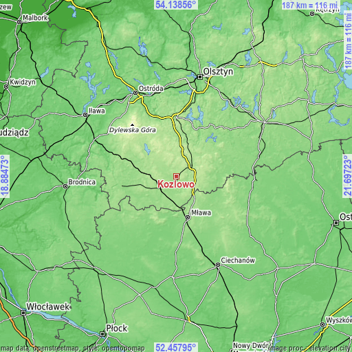 Topographic map of Kozłowo