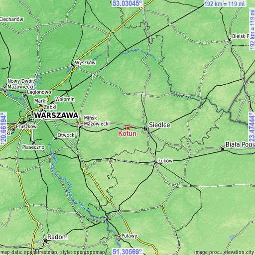 Topographic map of Kotuń