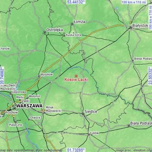 Topographic map of Kosów Lacki