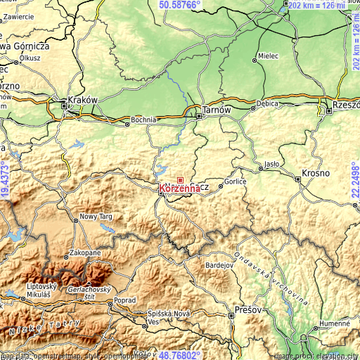 Topographic map of Korzenna